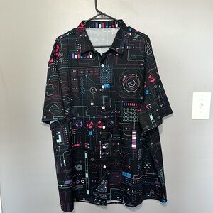 Men’s Shirt, black w/bright color designs, see meas in description, nice shirt.